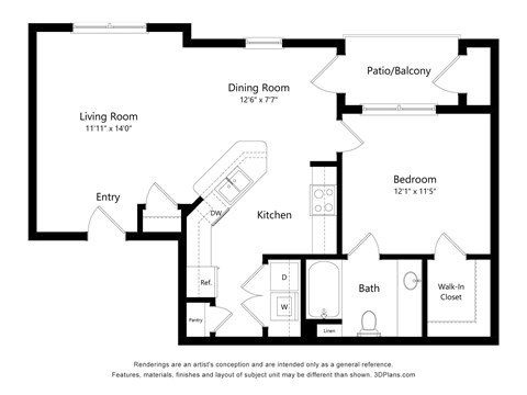 Floor plan for 1 bed, 1 bath